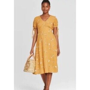 Universal Thread Linen Blend Milkmaid Linen Dress Mustard Floral Smocked Medium